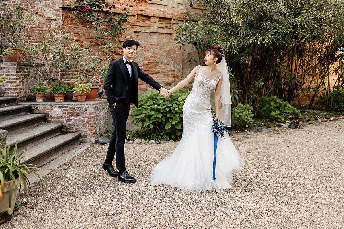 Castello di Collegno, matrimonio cinese. Cerimonia occidentale.Ritratto degli sposi.