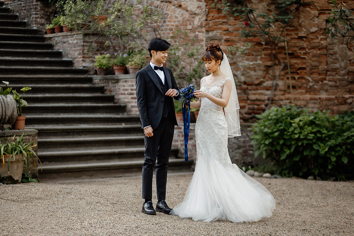 Castello di Collegno, matrimonio cinese. Cerimonia occidentale.Ritratto degli sposi.