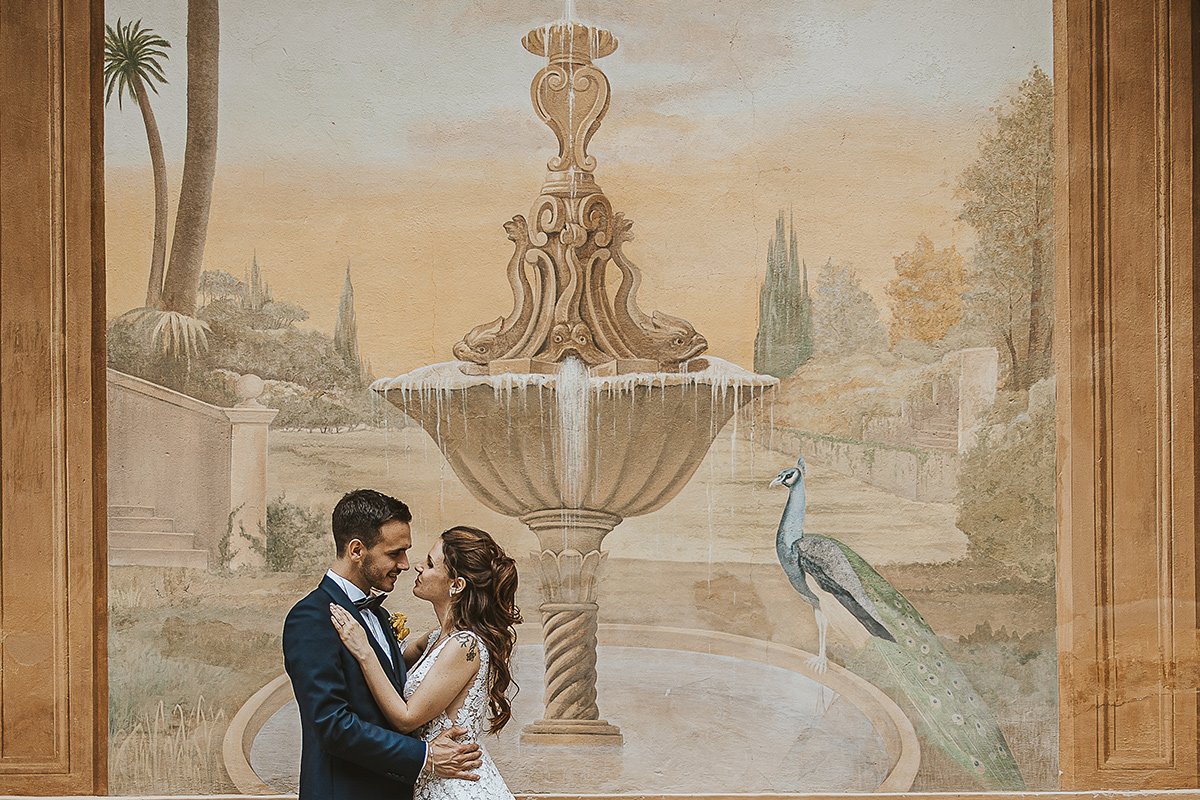 Tenuta Fontanfredda, Guidoristorante. Villa reale. Ritratto degli sposi davanti al Trompe l'eoeil