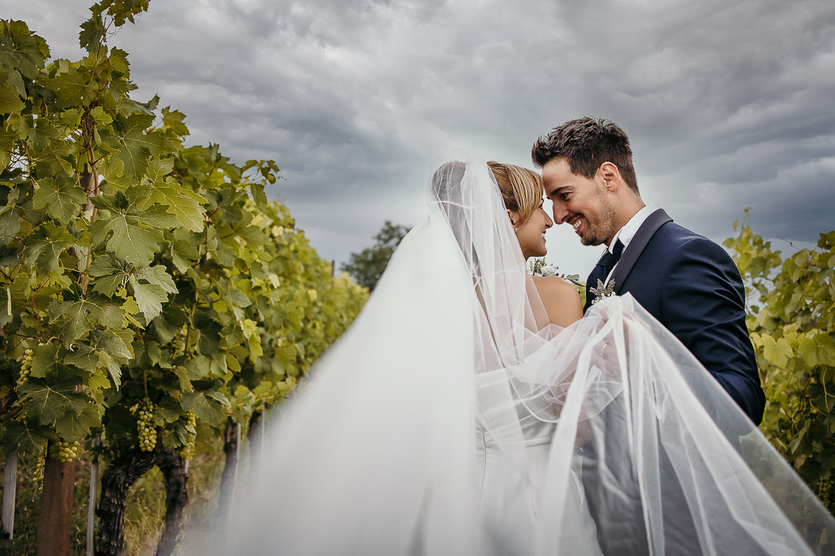 Matrimonio a Villa Delfini di Morsasco (AL) nel Monferrato. Ritratto degli sposi in mezzo alle vigne.