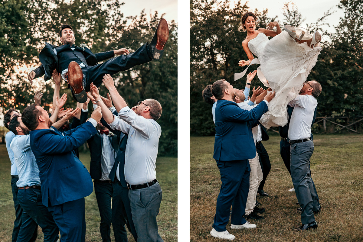 Matrimonio a Villa Fiorita ad Asti. Cena. Invitati fanno volare gli sposi