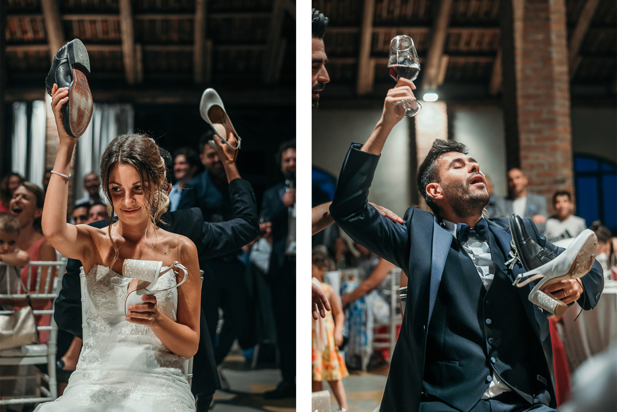 Matrimonio a Villa Fiorita ad Asti. Cena.Gioco delle scarpe e della sedia