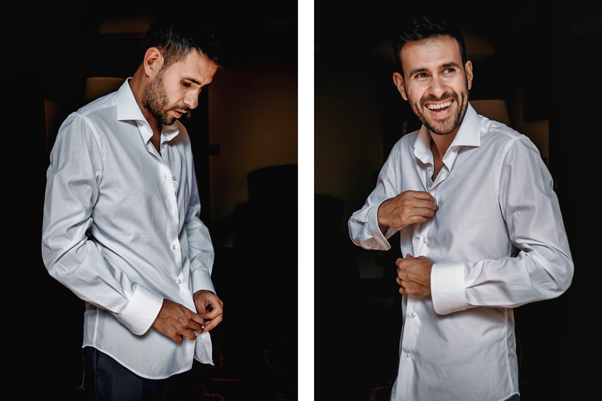 Matrimonio a Villa Fiorita ad Asti. Preparazione dello sposo.Sposo che si veste.