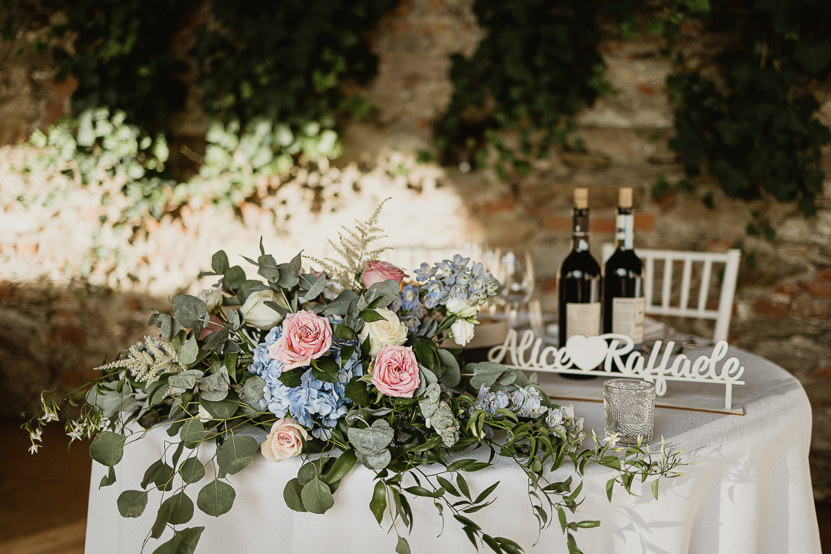 Tenuta La Michelina. Matrimonio di Alice e Raffaele. Ricevimento. Tavolo degli sposi.