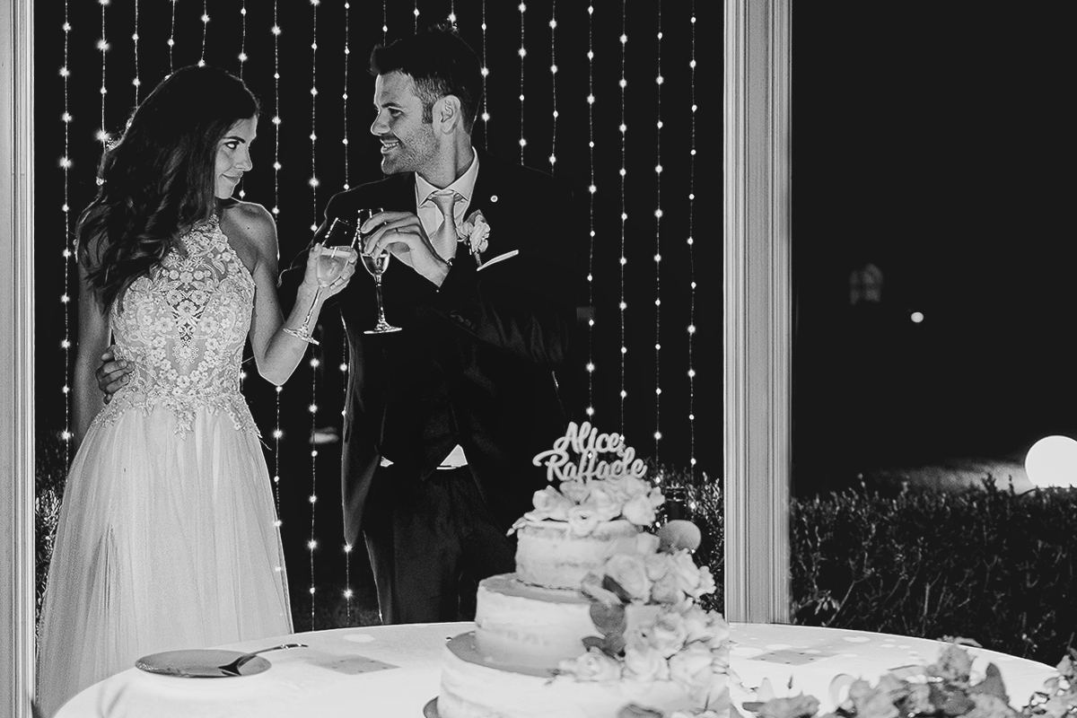 Tenuta La Michelina. Matrimonio di Alice e Raffaele. Taglio della torta. Brindisi degli sposi