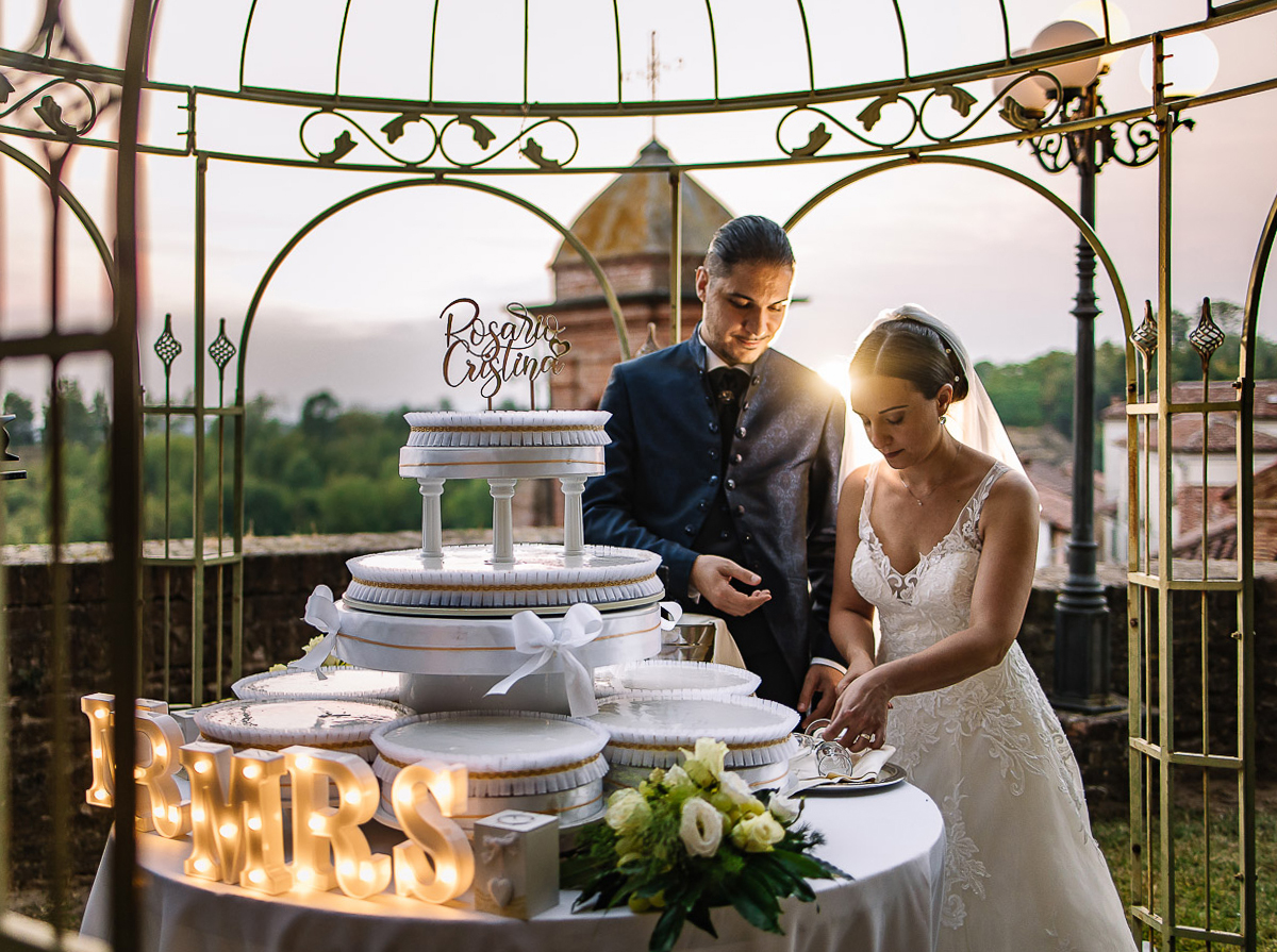 Castello di Cortanze, matrimonio. Ricevimento.Foto di coppia al tramonto. Taglio della torta