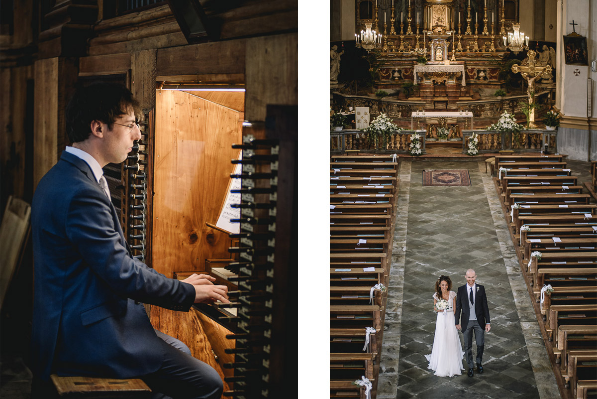 Matrimonio nella Chiesa Parrocchiale di Strambino. Organista che suona e uscita degli sposi.