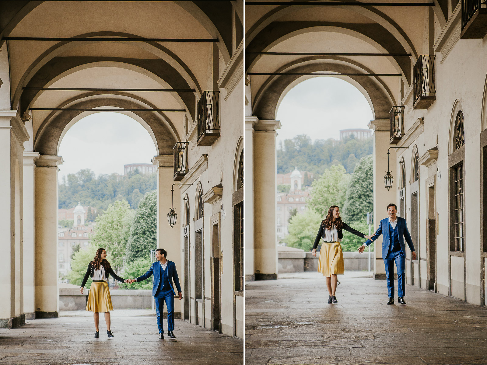 Engagement a Torino, in piazza Vittorio Veneto a Torino di Sara e Gabriel. Coppia sotto i portici.
