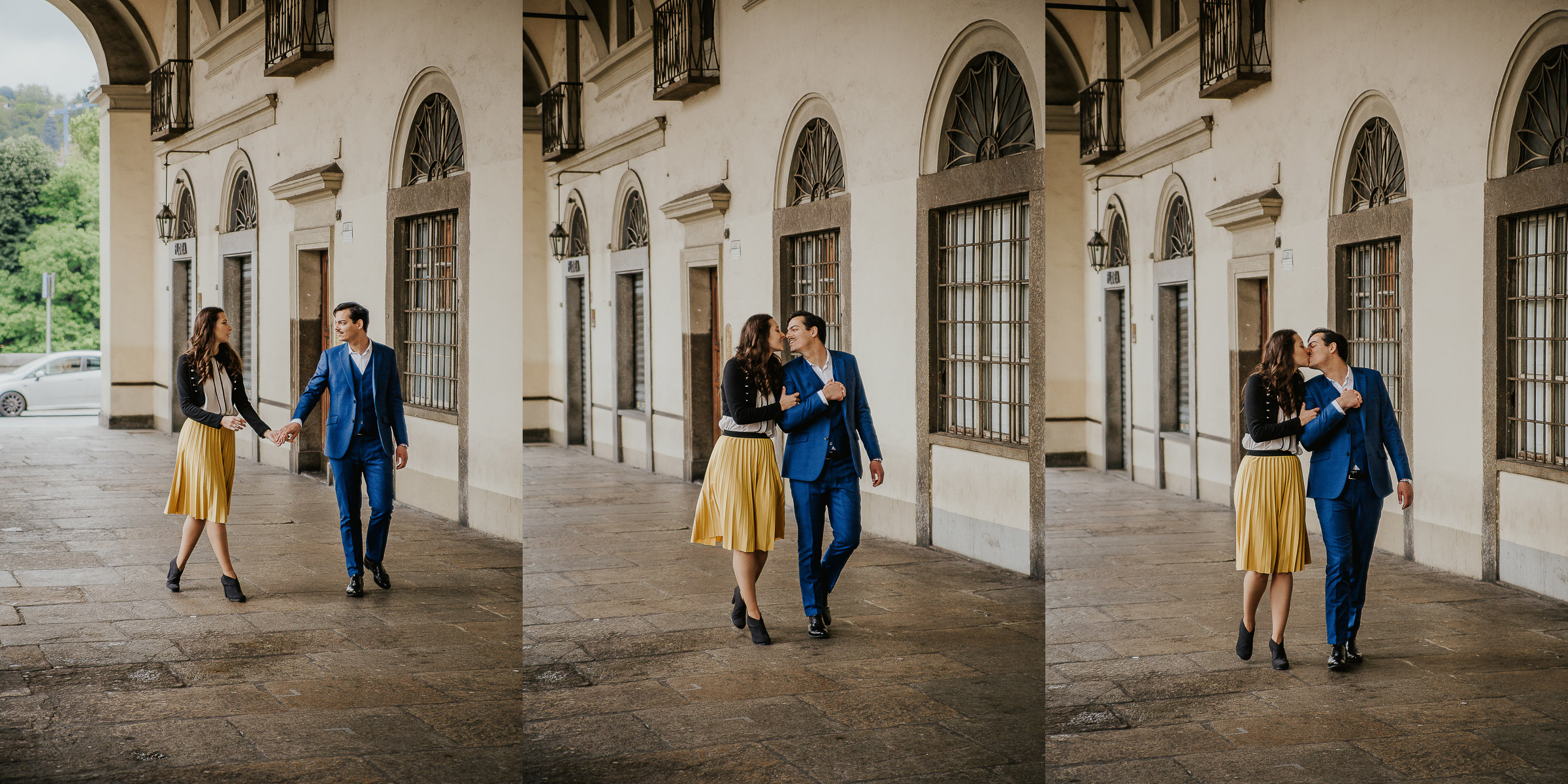 Engagement a Torino, in piazza Vittorio Veneto a Torino di Sara e Gabriel. Coppia sotto i portici.