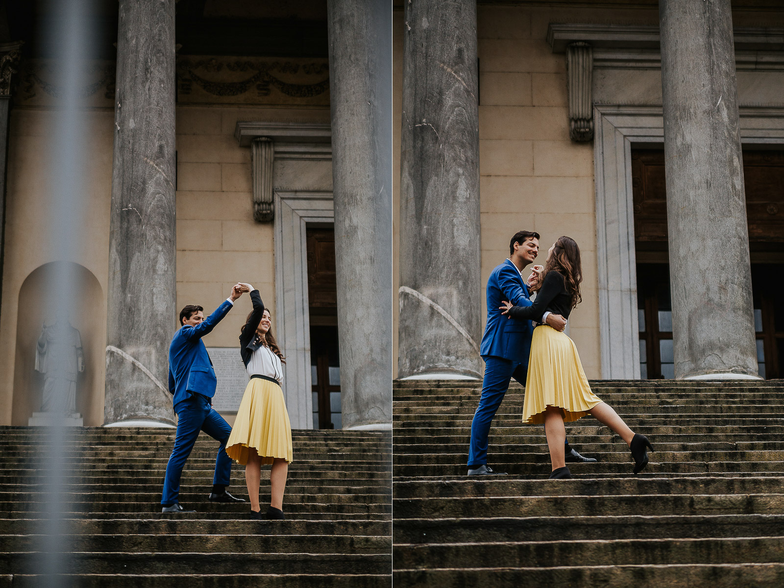 Engagement a Torino, in piazza Vittorio Veneto a Torino di Sara e Gabriel. Coppia balla sulla scalinata della Gran Madre