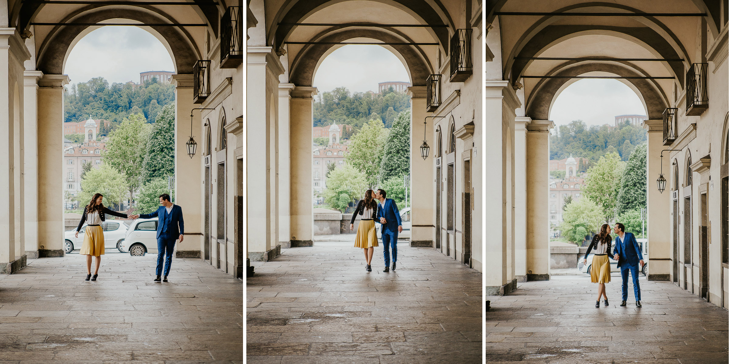 Engagement a Torino, in piazza Vittorio Veneto a Torino di Sara e Gabriel. Coppia sotto i portici.