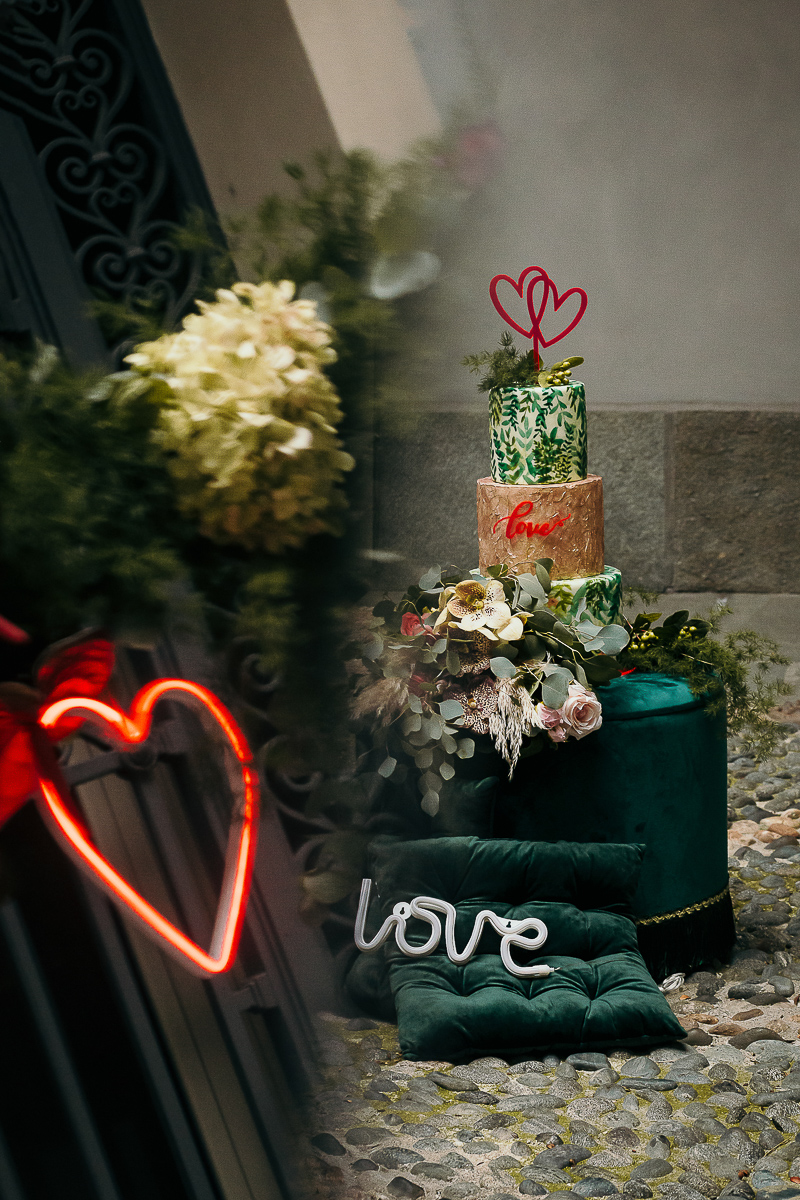 The number 6, Torino, editorial wedding.Torta e installazione luminose.