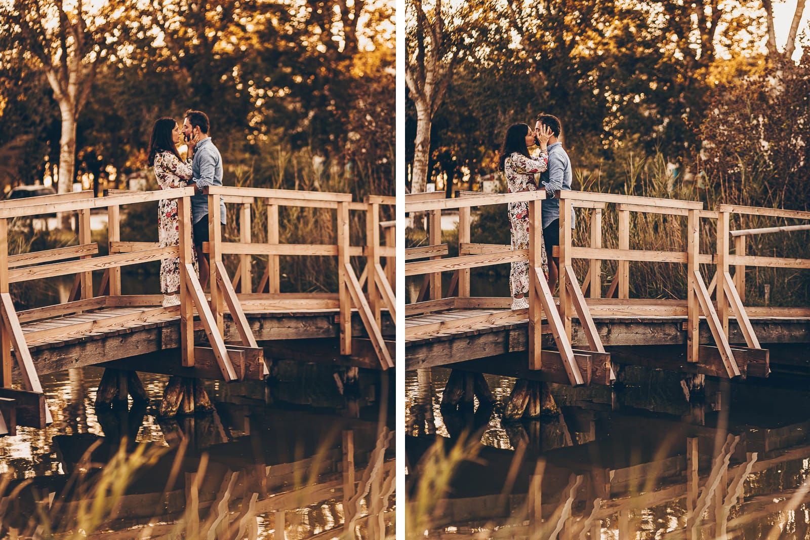 Servizio fotografico di coppia nella Laguna del Delta del Po al tramonto. Diego e Serena sul ponticello di legno