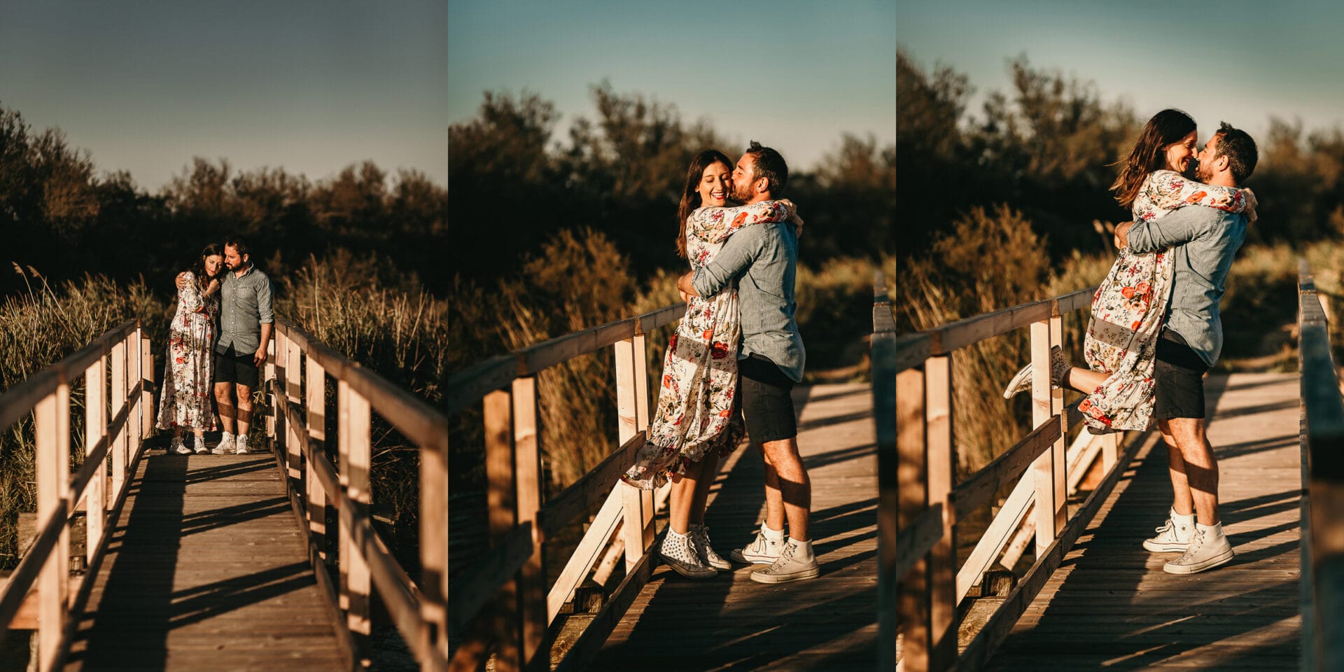 Servizio fotografico di coppia nella Laguna del Delta del Po al tramonto. Diego e Serena sul ponticello di legno