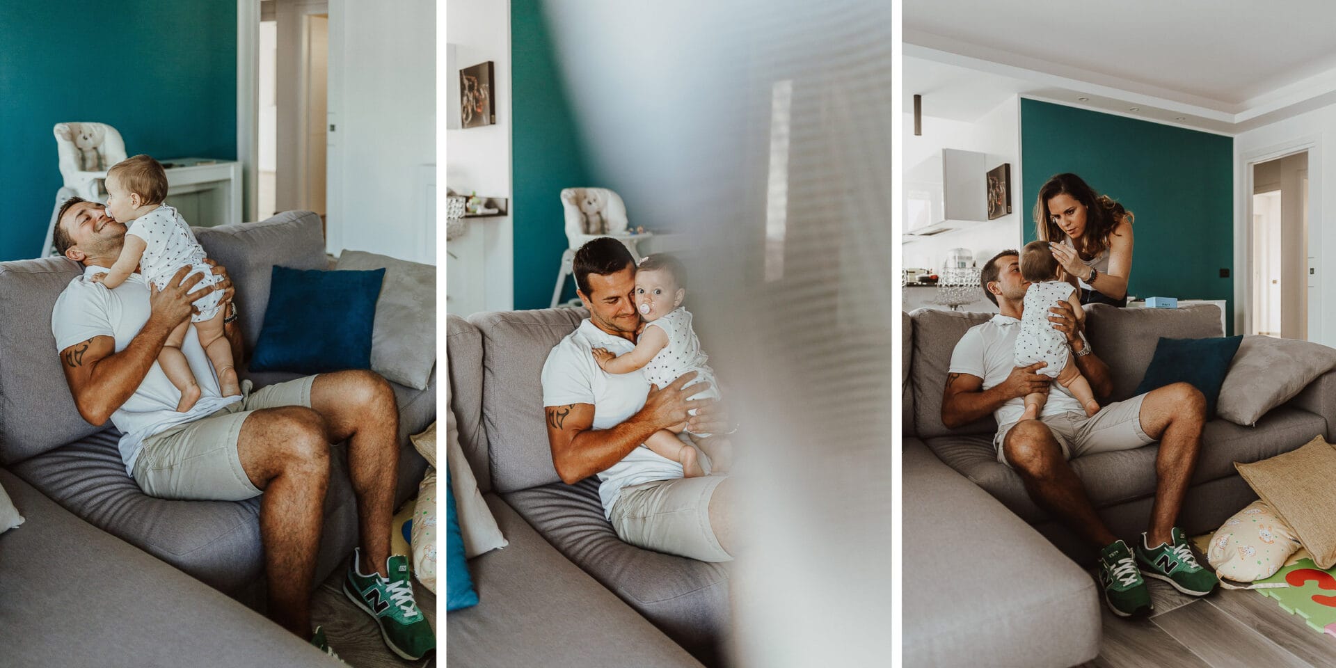 Fotografia di famiglia a Chieri. La piccola Aurora in braccio al papà