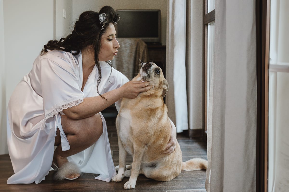 Matrimonio a Riva presso Chieri, preparazione della sposa. Sposa accarezza la cagnolina Miele.