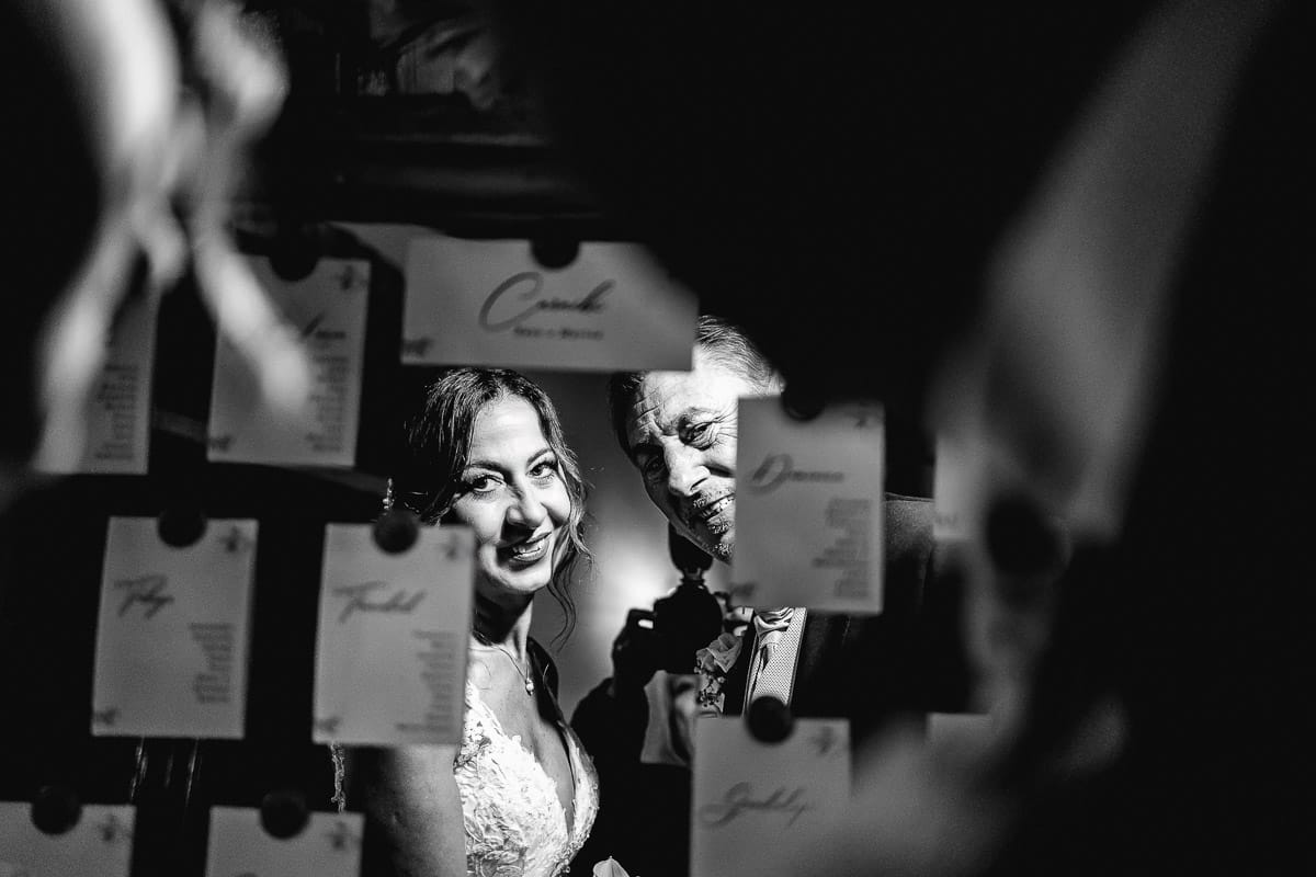 Matrimonio a "La Madernassa" nelle Langhe sotto la pioggia.Cena. sposi davanti al tableau de mariage.