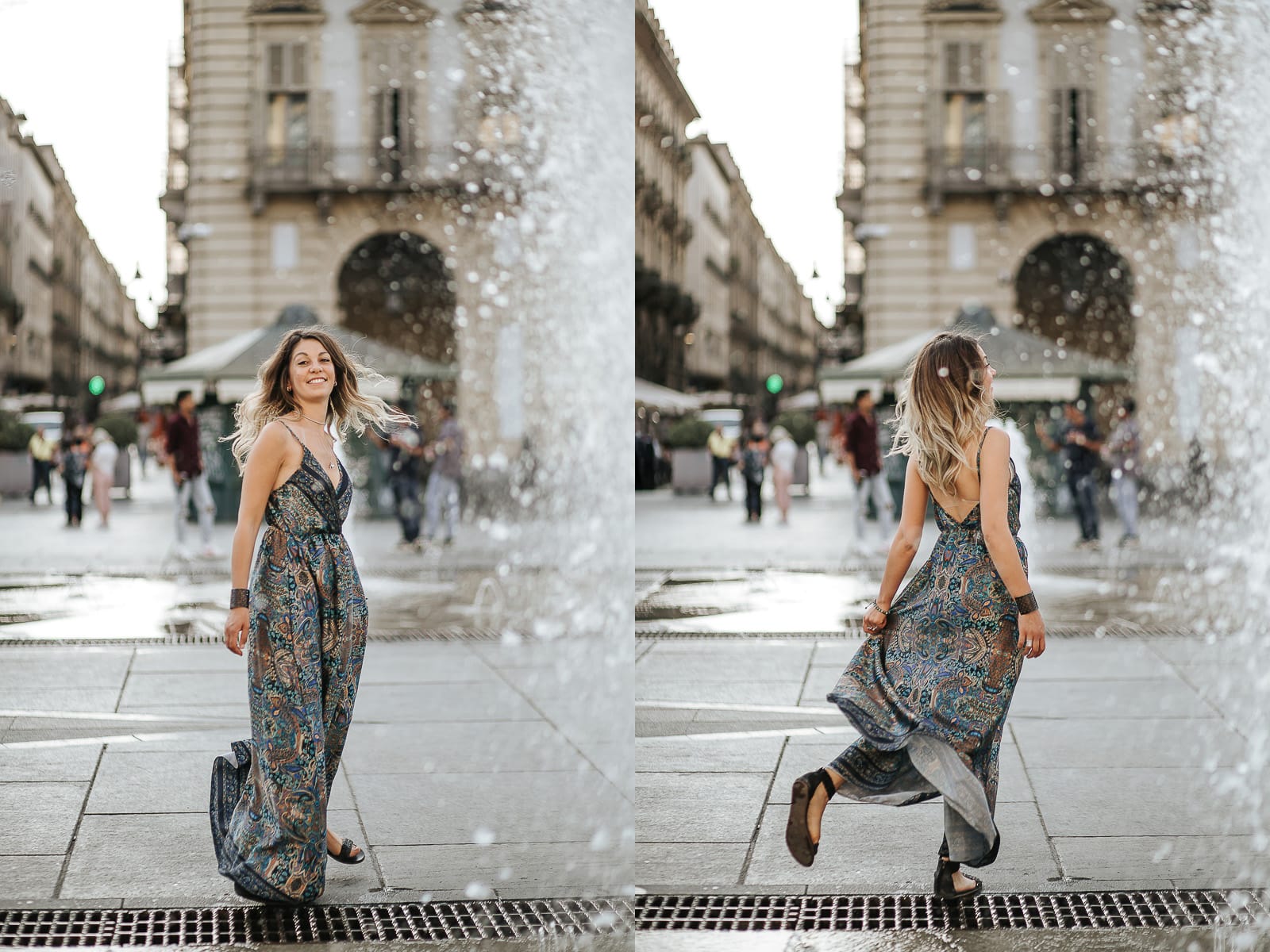 Prewedding nel centro di Torino Elisa balla in piazza Castello dietro alle fontane