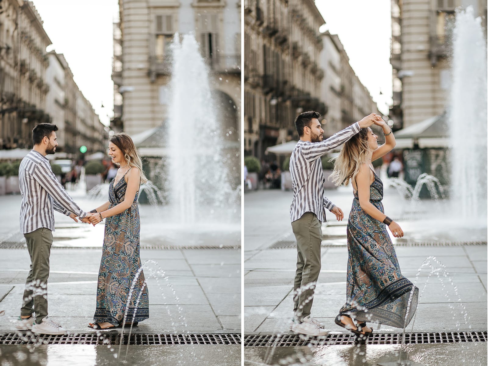 Prewedding nel centro di Torino Elisa e Davide in piazza Castello dietro alle fontane