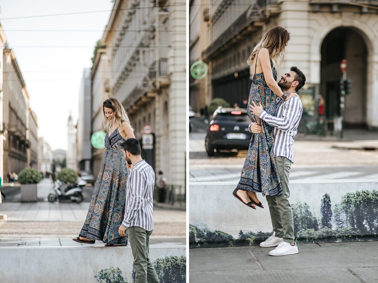 Prewedding nel centro di Torino Elisa e Davide in piazza Castello davanti all'imboccatura di via Roma