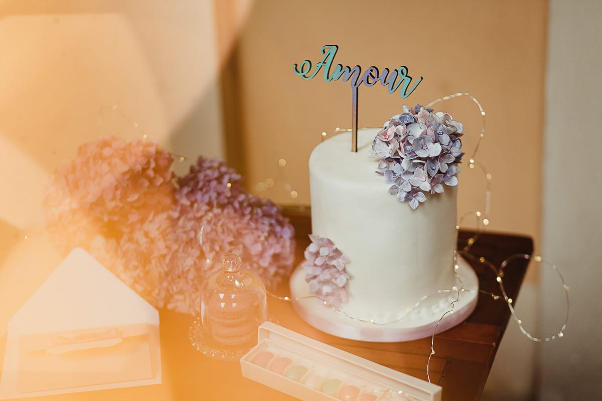 Shooting fotografico di famiglia nei toni del lilla. Torta.
