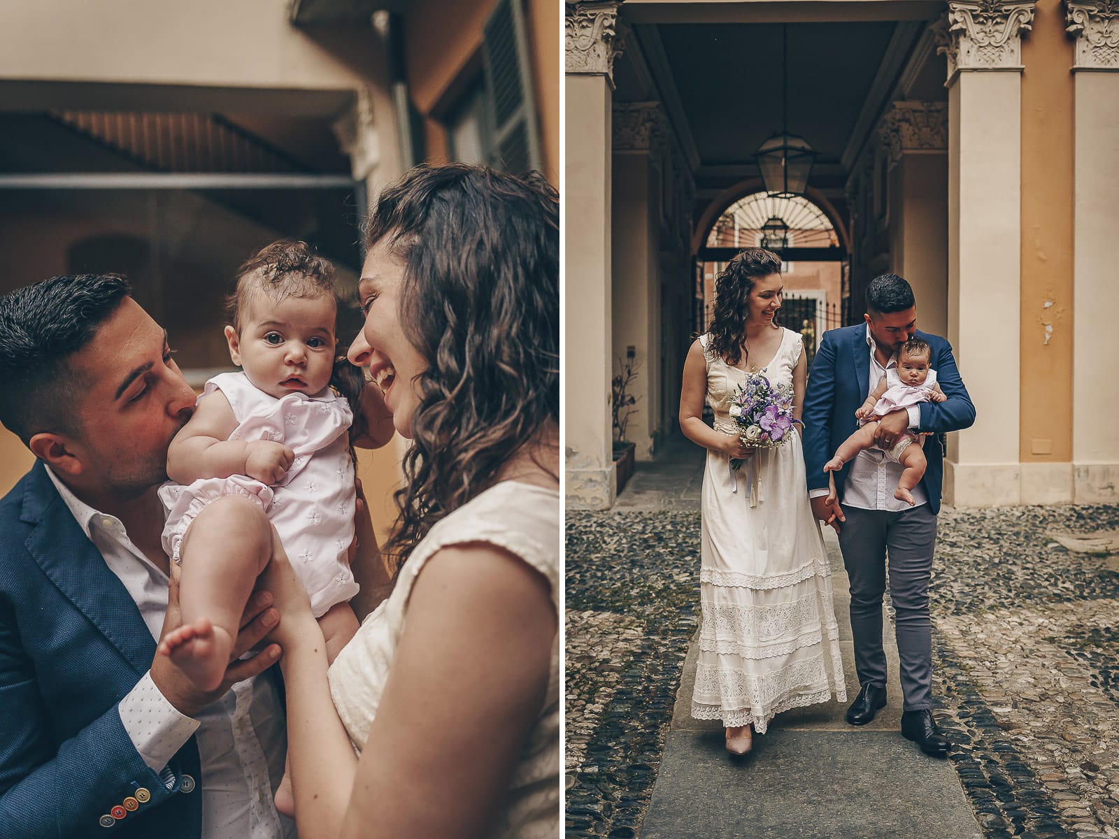 Shooting fotografico di famiglia nei toni del lilla. Ritratto di famiglia