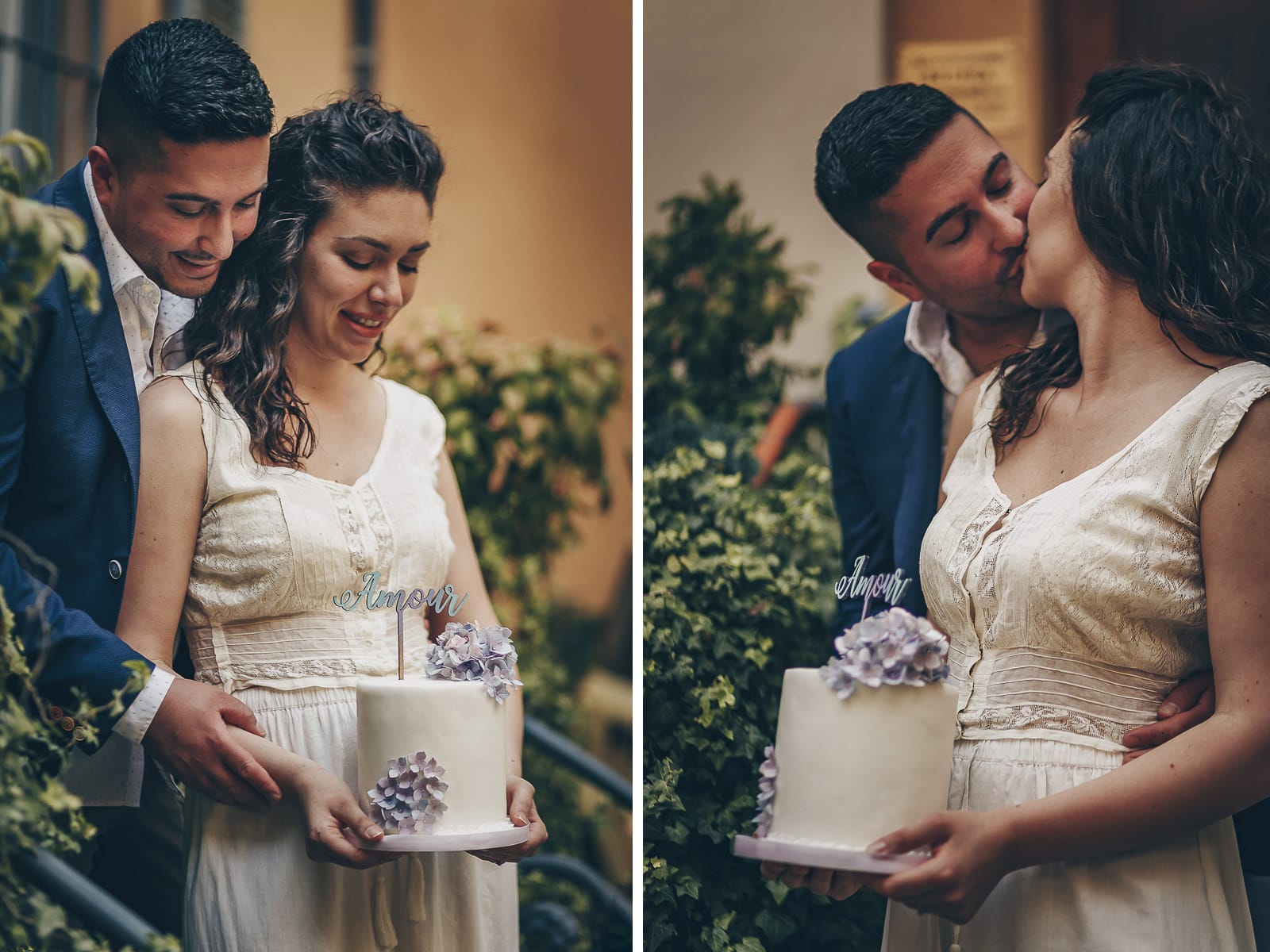 Shooting fotografico di famiglia nei toni del lilla. Serena e Mirco con la torta.