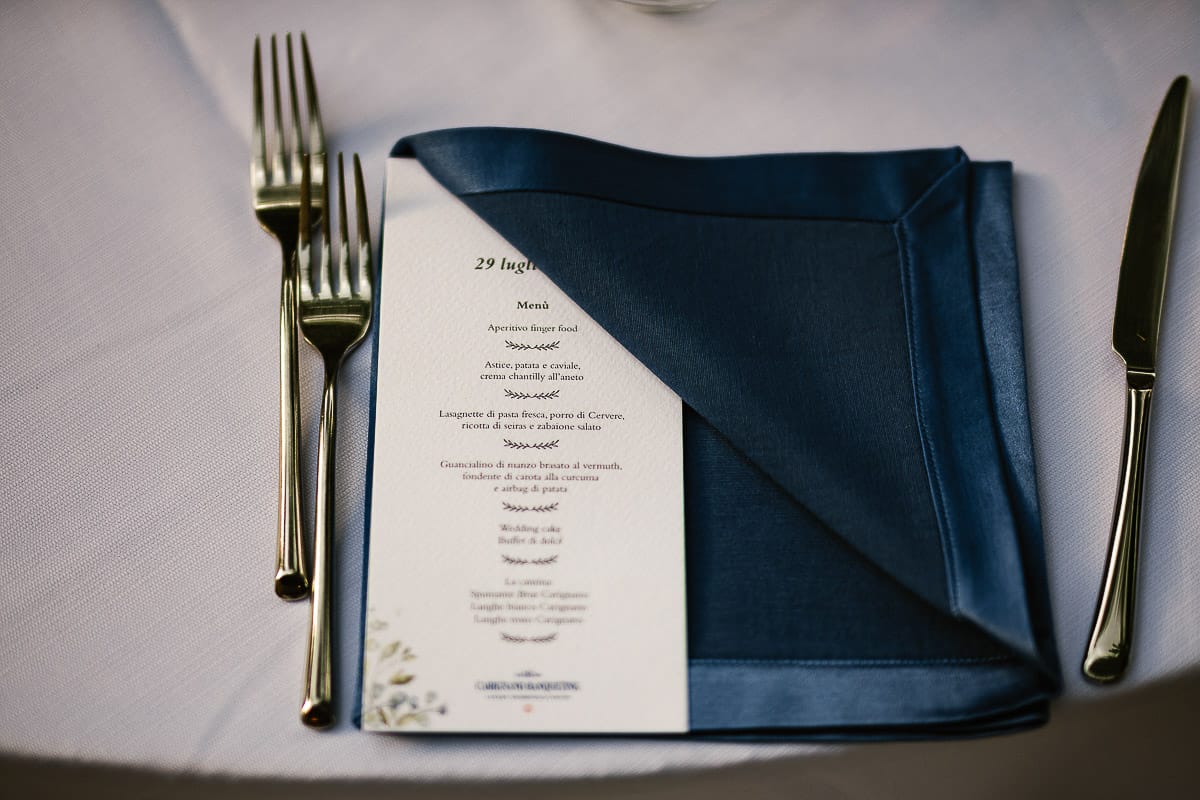 Matrimonio da favola al castello Canalis. Dettaglio della tavola. menu