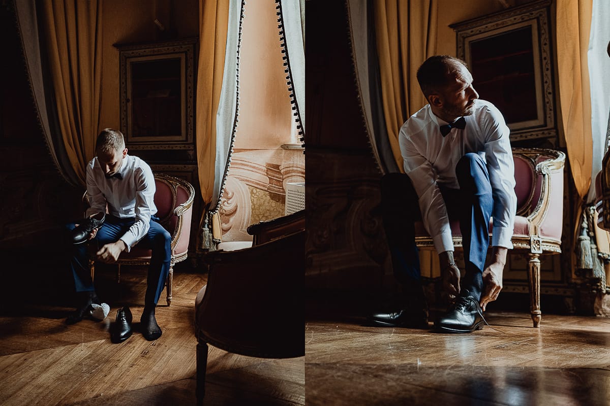 Matrimonio da favola al castello Canalis. Preparazione dello sposo. Sposo si mette le scarpe