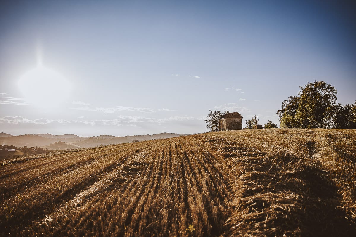 Prewedding romantico e da sogno al tramonto in Monferrato. Panoramica sull'ambiente. Campo di grano tagliato