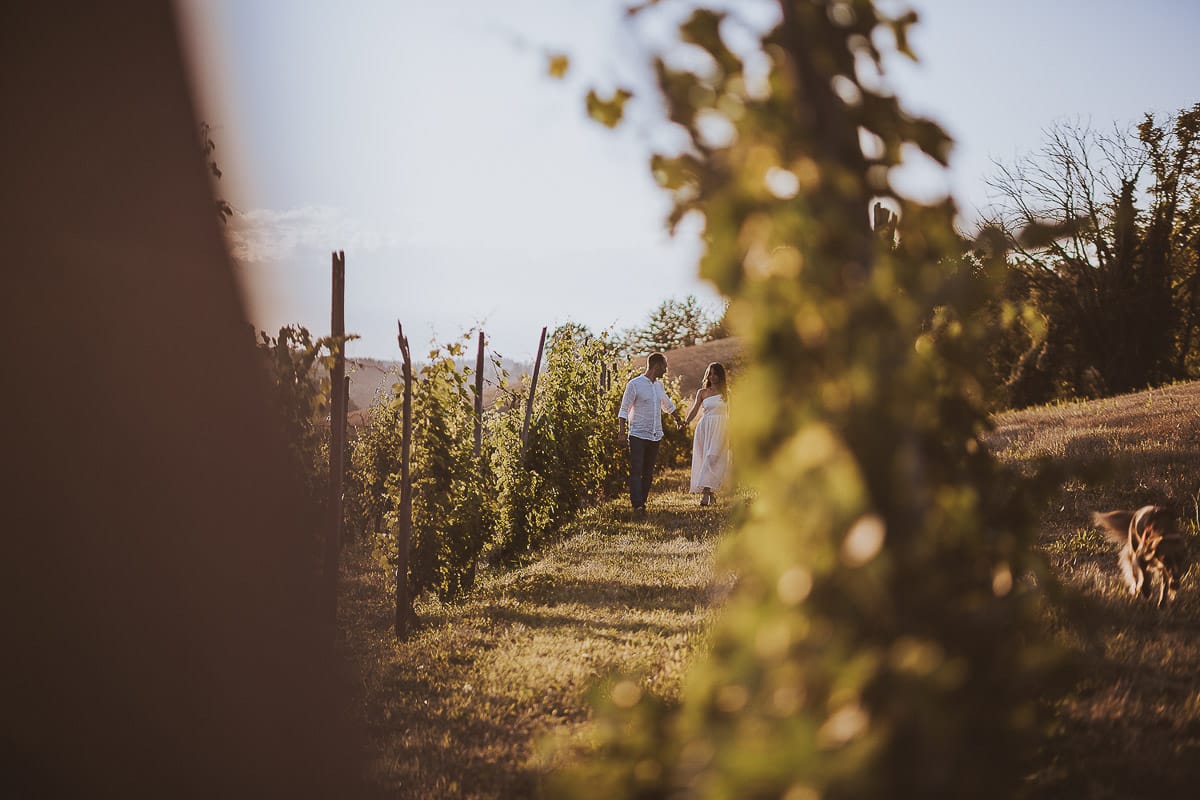 Prewedding romantico e da sogno al tramonto in Monferrato. Valeria e Omar camminano nel vigneto
