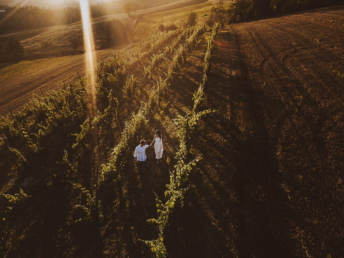 Prewedding romantico e da sogno al tramonto in Monferrato. Valeria e Omar camminano nel vigneto ripresa aerea dal drone