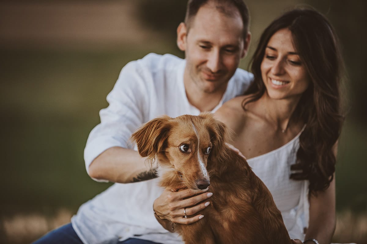 Prewedding romantico e da sogno al tramonto in Monferrato. Valeria e Omar seduti su di una panchina di pietra insieme alla cagnolina Nadine.