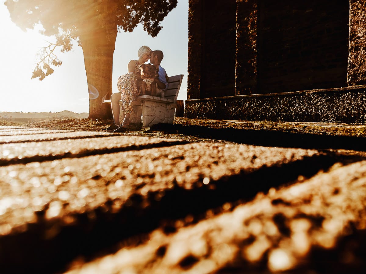 Prewedding da sogno a Nizza Monferrato intorno alla chiesa della Madonna della Neve. Matteo e Fiammetta seduti su di una panchina all'ombra di un grande albero con i volpini Megan e Harry. Foto dal drone posto sul terreno.
