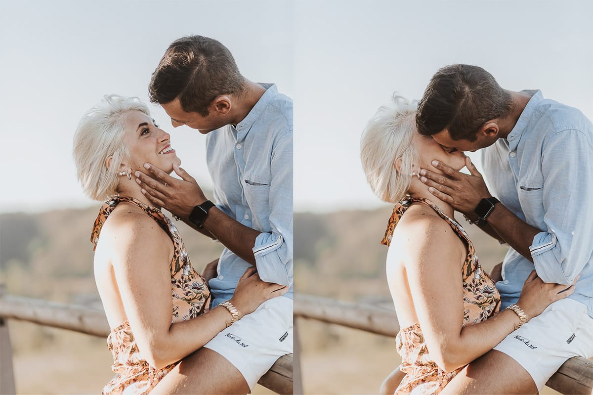 Prewedding da sogno a Nizza Monferrato intorno alla chiesa della Madonna della Neve. Matteo seduto su di una staccionata di legno accarezza e bacia Fiammetta.