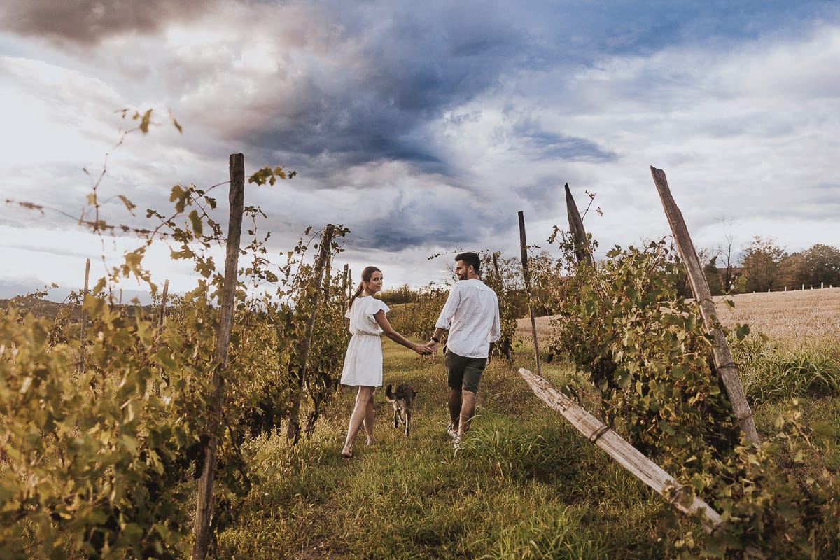 Prewedding spontaneo e poetico nel Monferrato a Mombello di Torino. Federica e Riccardo camminano dandosi la mano nel vigneto