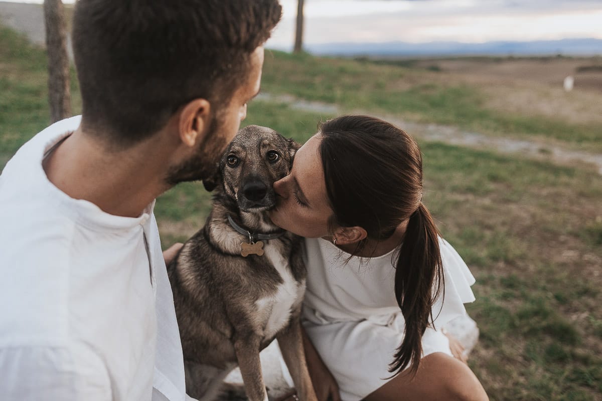 Prewedding spontaneo e poetico nel Monferrato a Mombello di Torino. Riccardo e Federica seduti su di una panchina di pietra con la cagnolina