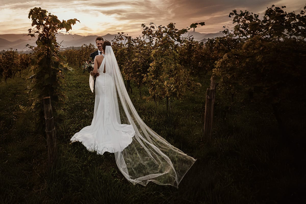 Fotografo matrimonio Torino. Matrimonio eco-consapevole a Cascina Ranverso. Ritratto degli sposi al tramonto. Sposi passeggiano nel vigneto.