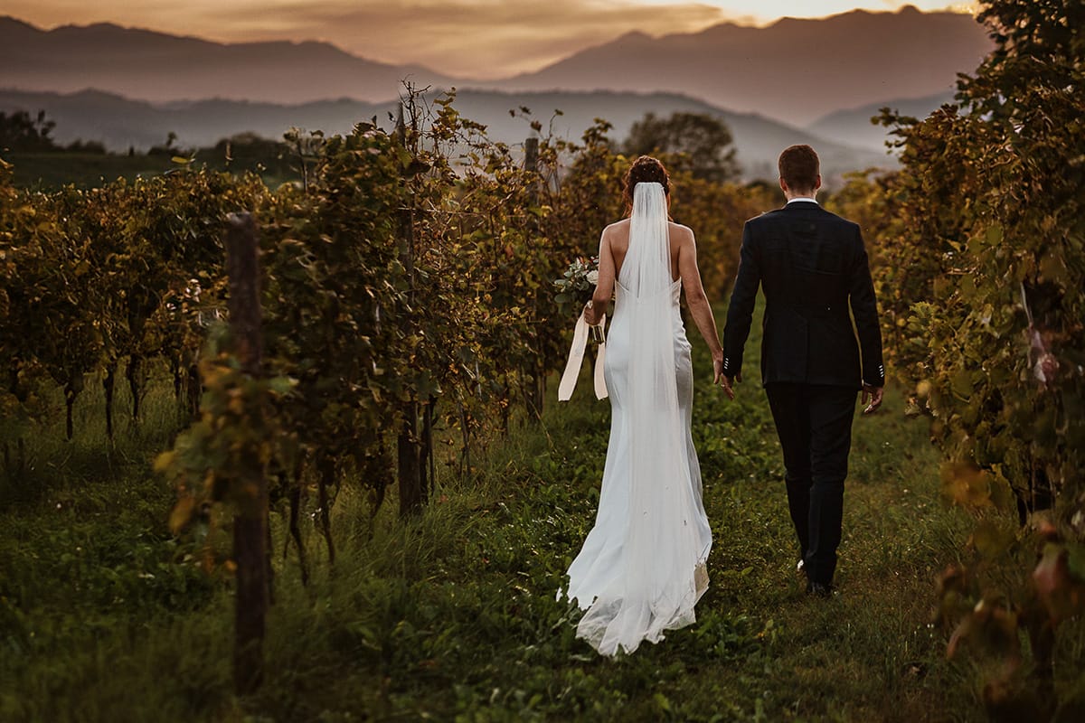 Fotografo matrimonio Torino. Matrimonio eco-consapevole a Cascina Ranverso. Ritratto degli sposi al tramonto. Sposi passeggiano nel vigneto.