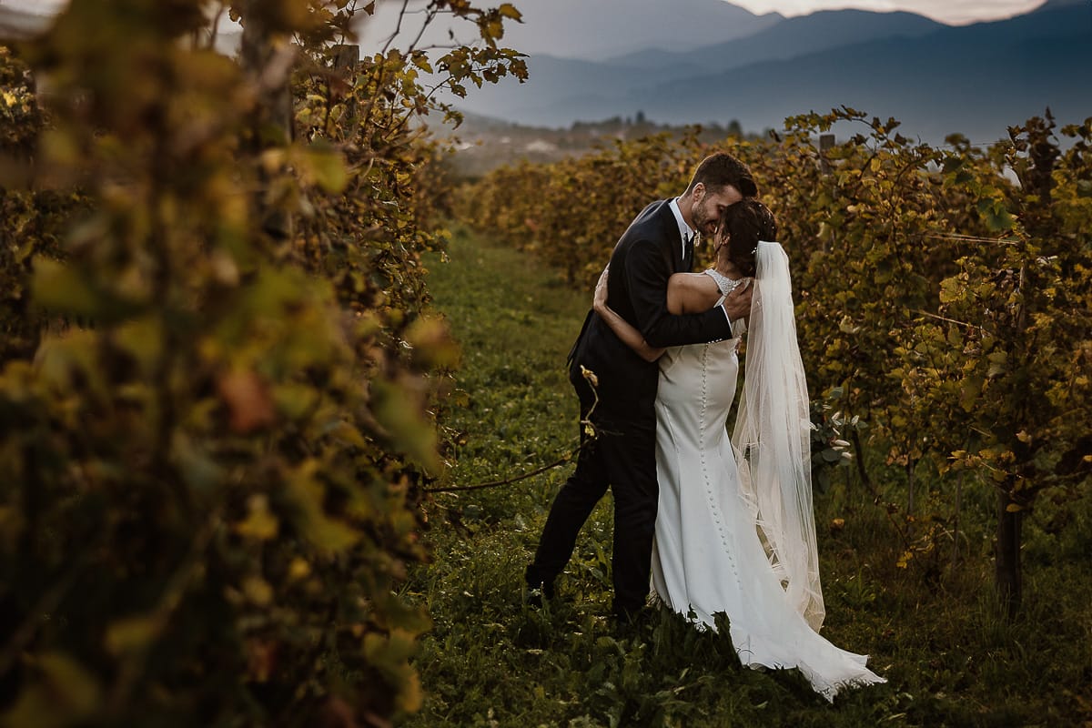 Fotografo matrimonio Torino. Matrimonio eco-consapevole a Cascina Ranverso. Ritratto degli sposi al tramonto. Sposi nel vigneto si baciano con un casquet
