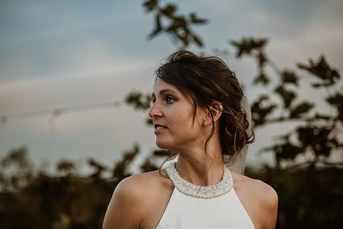 Fotografo matrimonio Torino. Matrimonio eco-consapevole a Cascina Ranverso. Ritratto degli sposi al tramonto. Sposi nel vigneto Ritratto della sposa