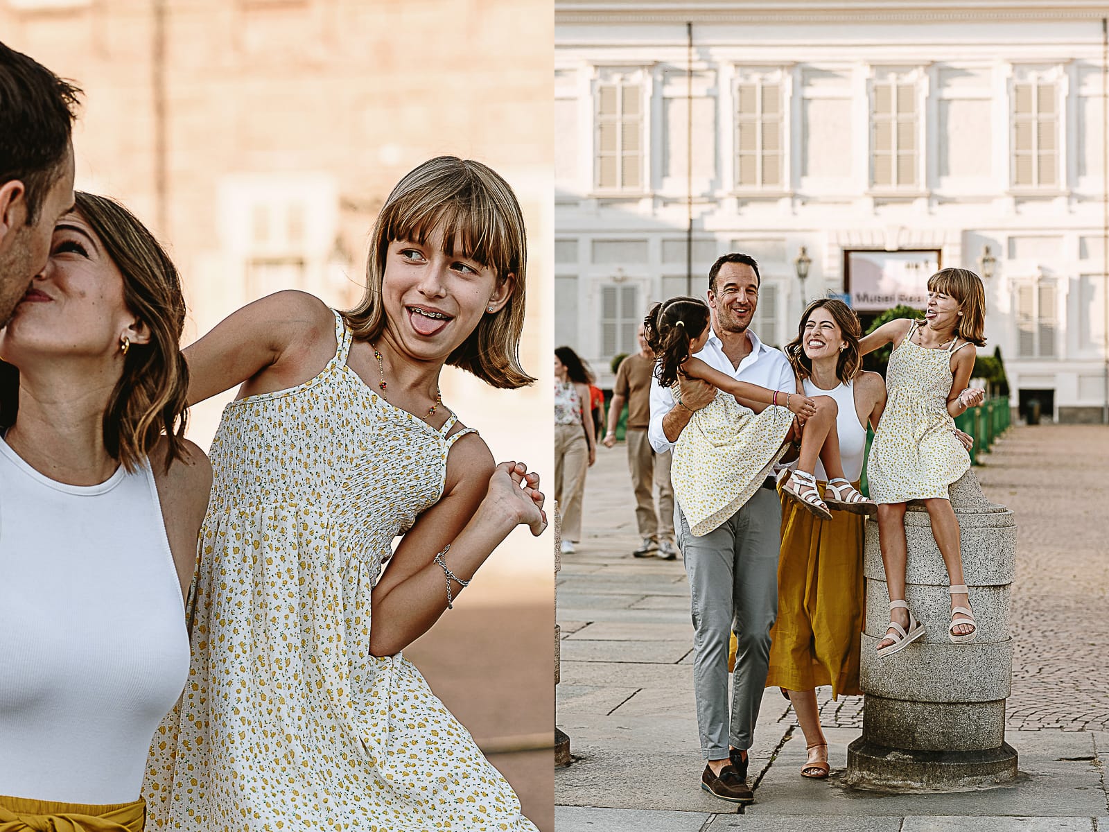 Fotografia di famiglia in vacanza a Torino: famiglia americana davanti a Palazzo Reale.