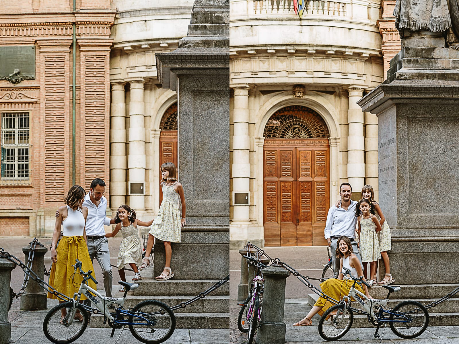 Fotografia di famiglia in vacanza a Torino: famiglia in piazza Carignano