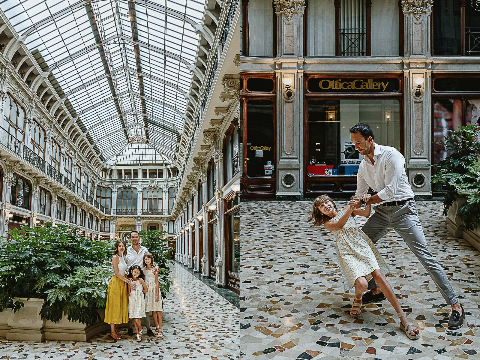 Fotografia di famiglia in vacanza a Torino: famiglia in Galleria Subalpina