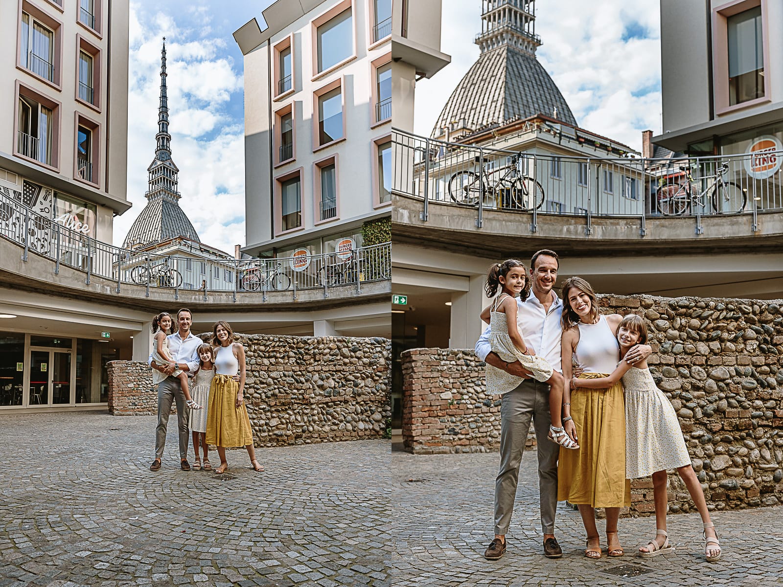 Fotografia di famiglia in vacanza a Torino: famiglia americana nel campus universitario con la mole Antonelliana dietro di loro.