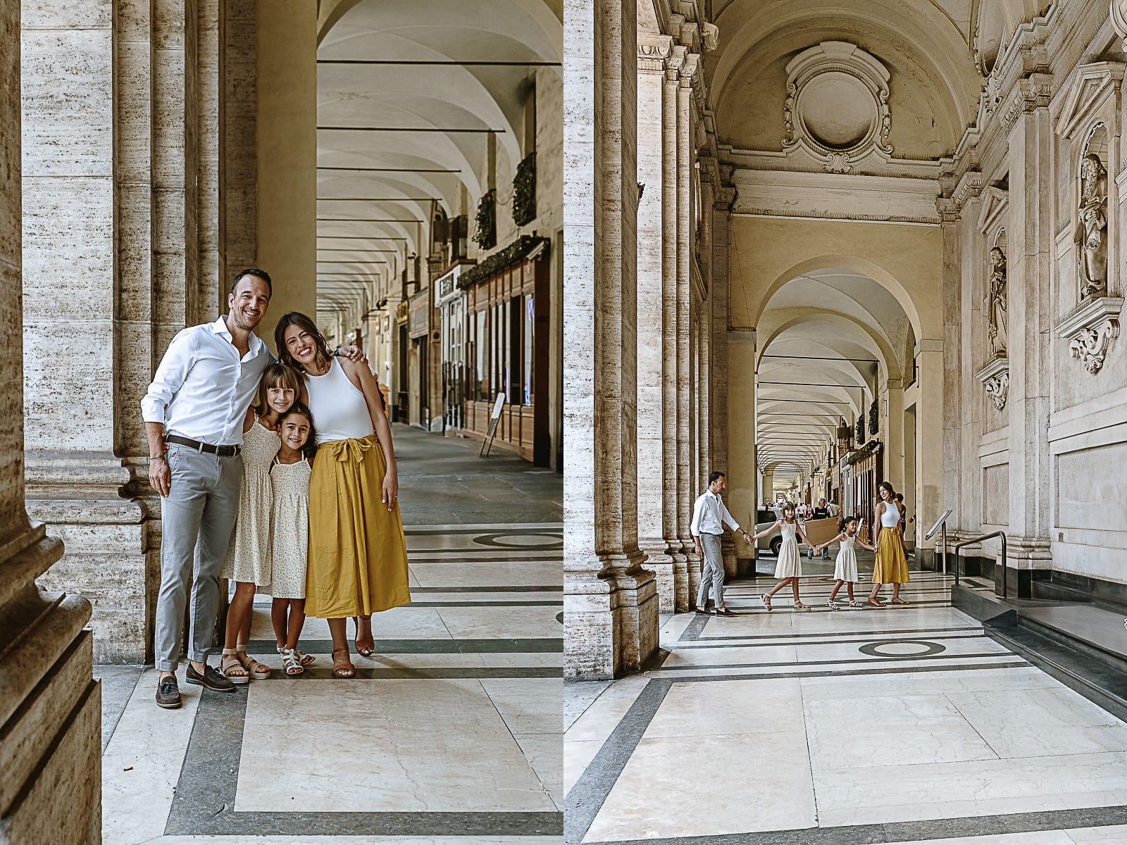 Fotografia di famiglia in vacanza a Torino: famiglia americana cammina per via Po