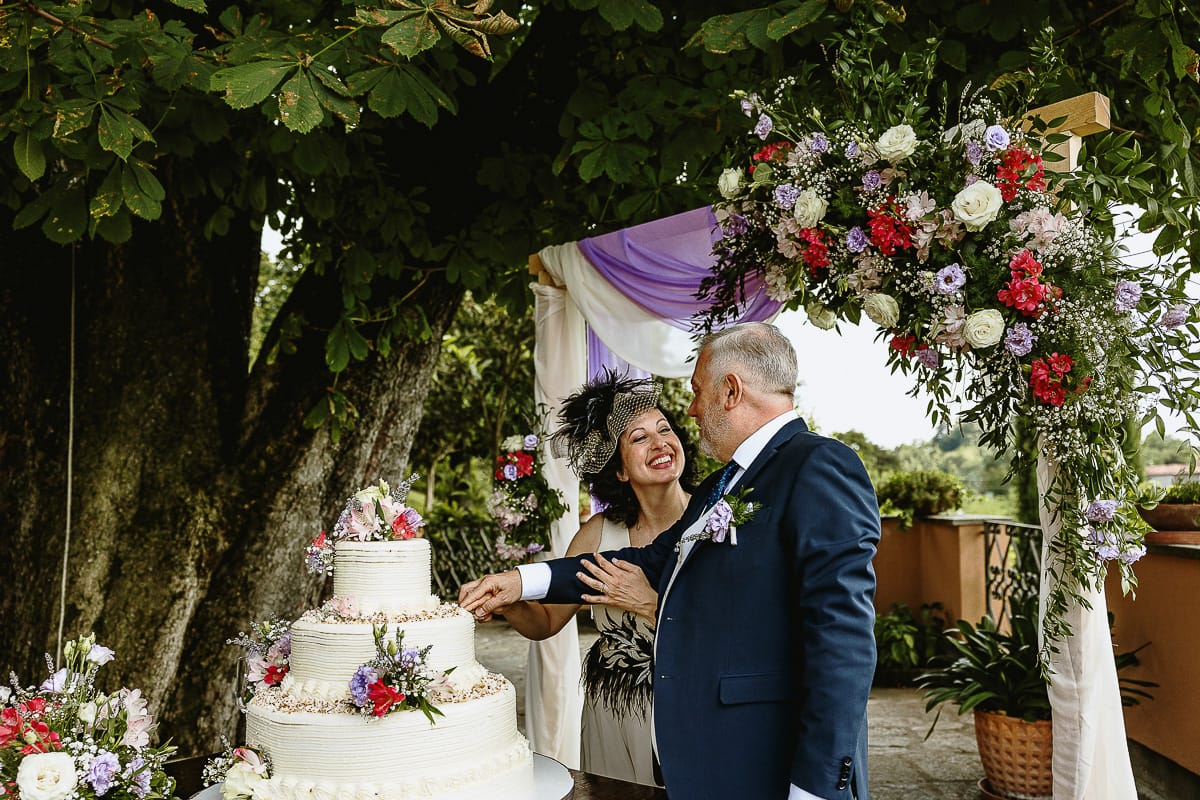 Fotografo matrimonio in Monferrato. Matrimonio di Serena e Fabrizio al Vecchio Castagno di Cocconato d'Asti. Taglio della torta.