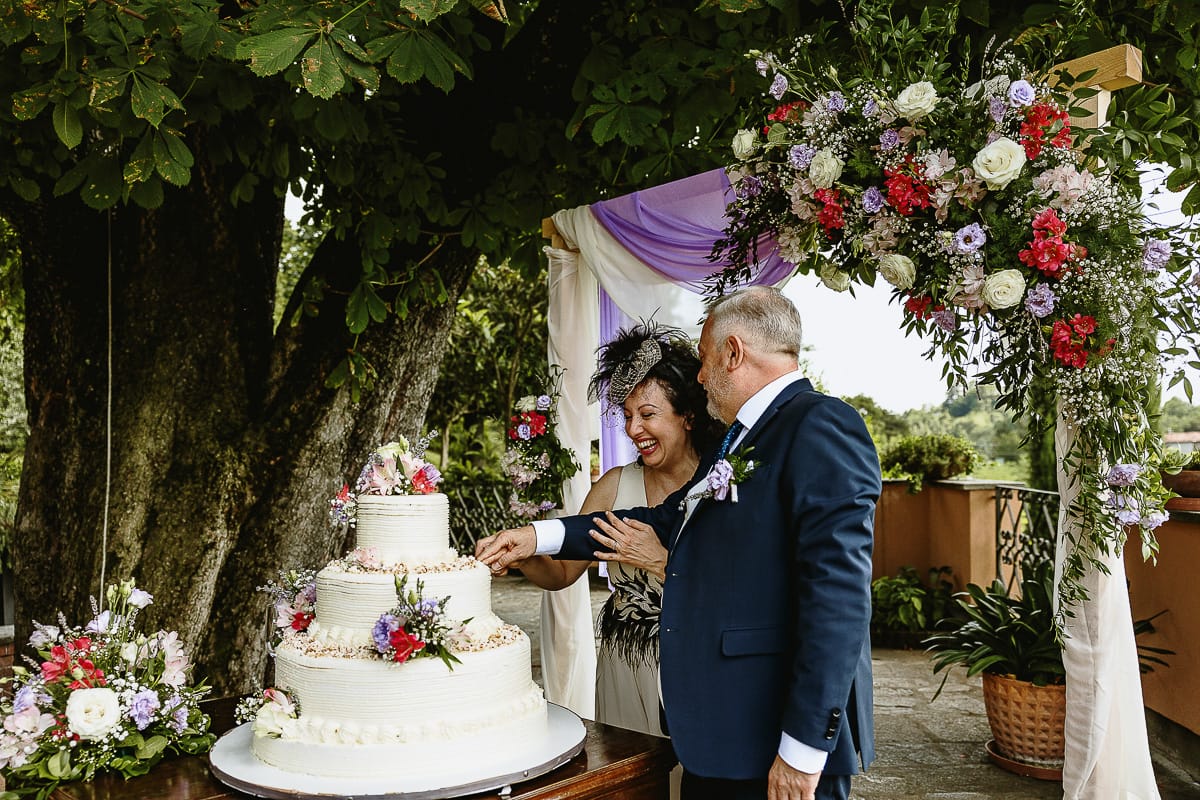 Fotografo matrimonio in Monferrato. Matrimonio di Serena e Fabrizio al Vecchio Castagno di Cocconato d'Asti. Taglio della torta.