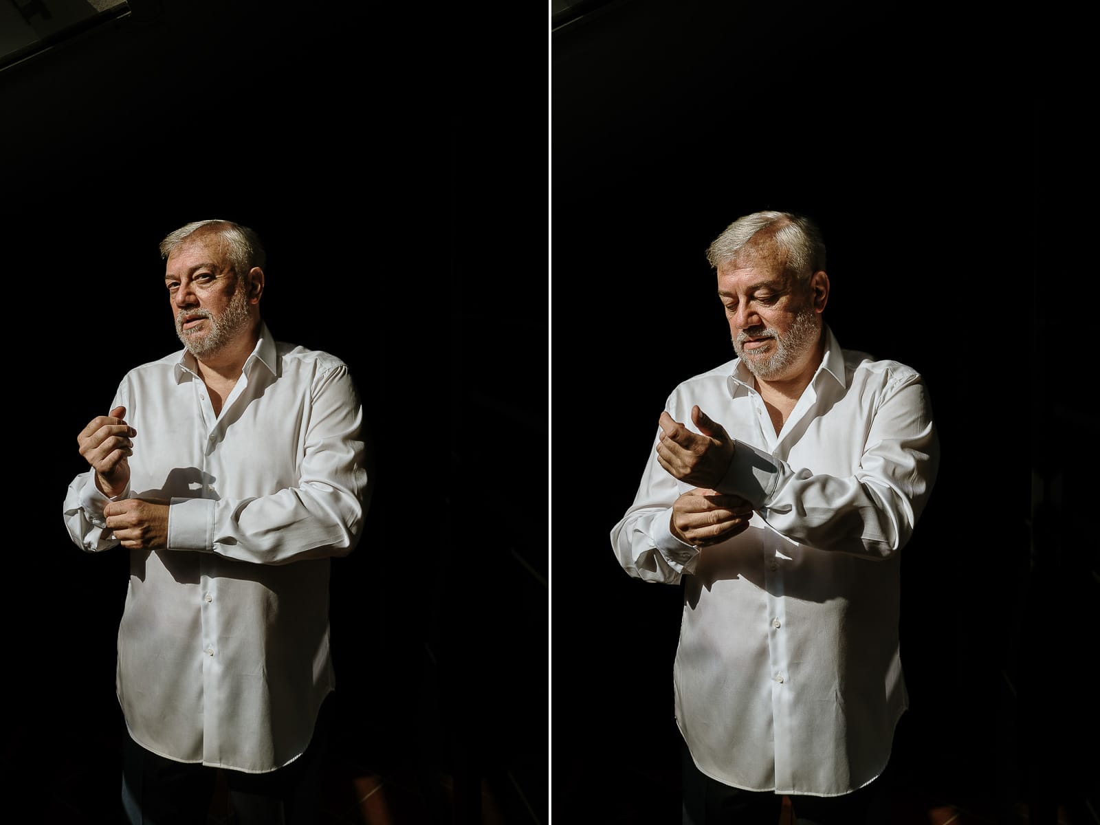 Fotografo matrimonio in Monferrato. Matrimonio di Serena e Fabrizio. Preparazione a Baldissero Torinese. Sposo si abbottona la camicia.