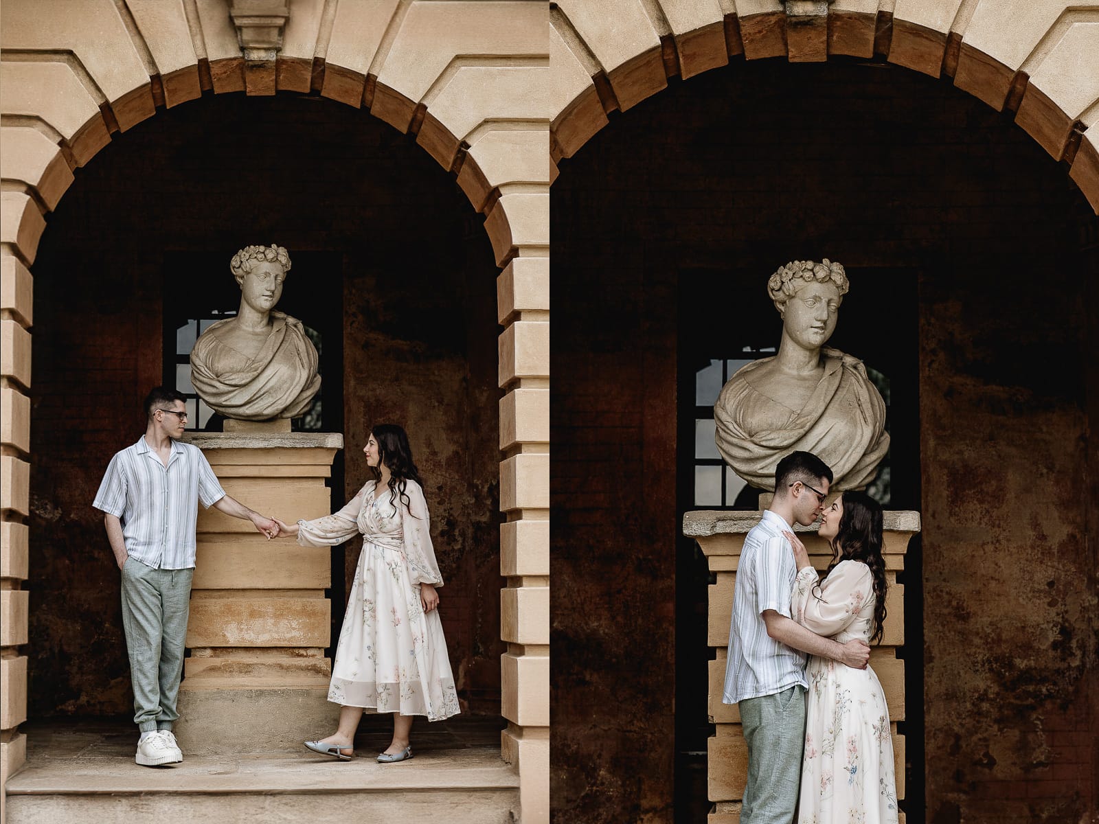 Pre-wedding al Castello di Santena. Fabiola e Cristian sotto lo scalone del castello, in una nicchia vicino ad una statua